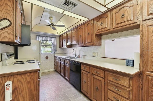 kitchen with a sink, visible vents, a ceiling fan, light countertops, and dishwasher