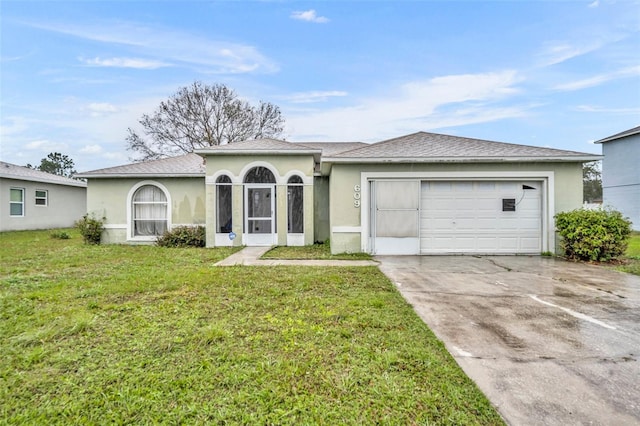 view of front of property featuring roof with shingles, stucco siding, concrete driveway, an attached garage, and a front lawn