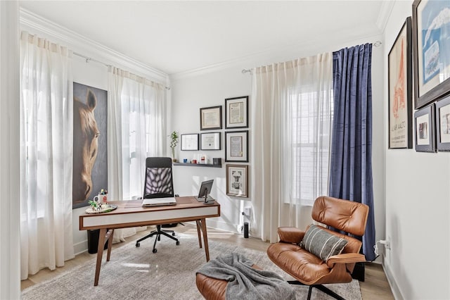 office area featuring baseboards, wood finished floors, and crown molding