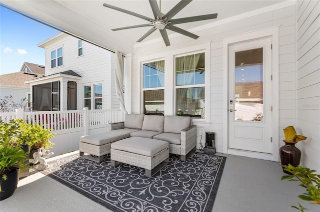 view of patio with ceiling fan, outdoor lounge area, and a sunroom