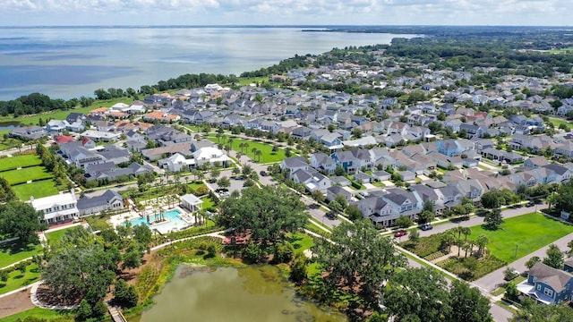 aerial view with a water view and a residential view