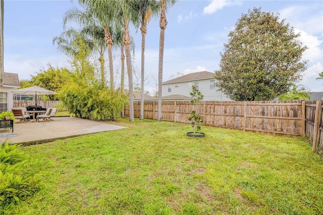 view of yard featuring a patio area and a fenced backyard