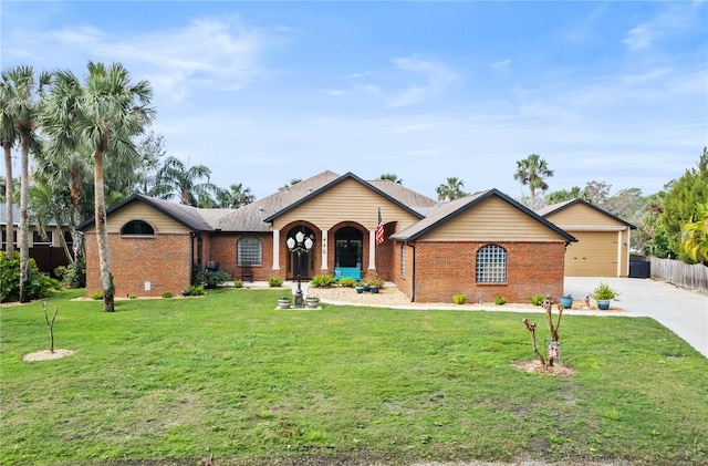 single story home with a garage, a front yard, brick siding, and fence