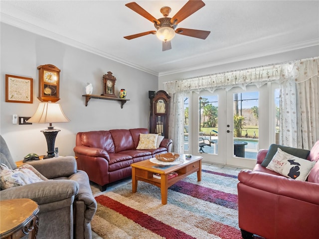 living room featuring ceiling fan, crown molding, and french doors