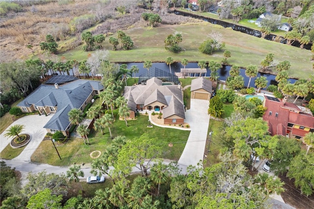 aerial view featuring a residential view and a water view