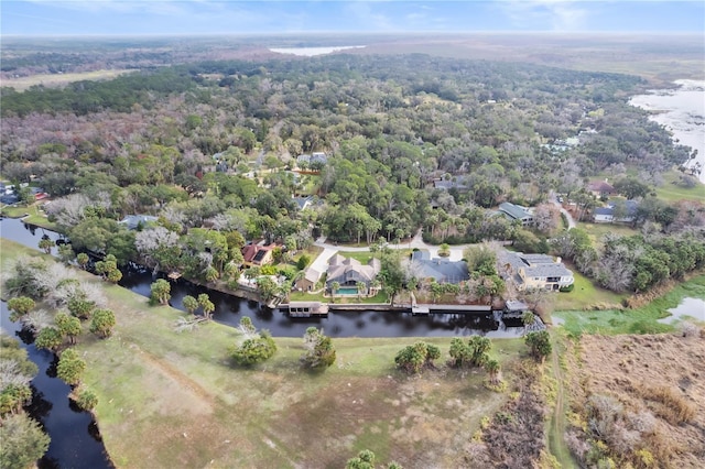 bird's eye view with a water view and a view of trees