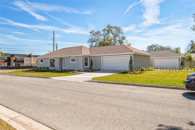 single story home with a shingled roof, concrete driveway, a front yard, stucco siding, and an attached garage