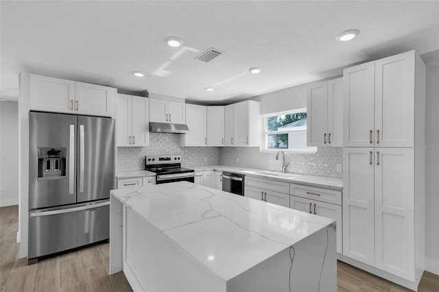 kitchen featuring visible vents, under cabinet range hood, a kitchen island, appliances with stainless steel finishes, and decorative backsplash