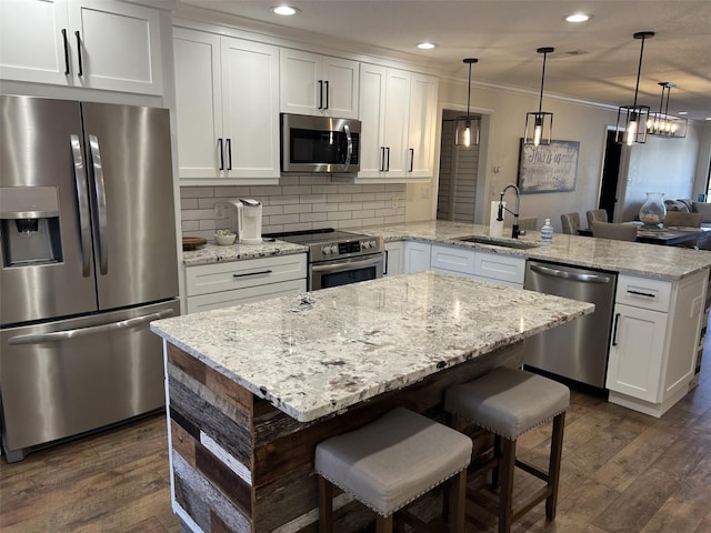 kitchen featuring a peninsula, appliances with stainless steel finishes, dark wood finished floors, and a sink