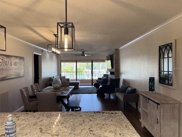 dining space with dark wood-type flooring, crown molding, a textured ceiling, and baseboards