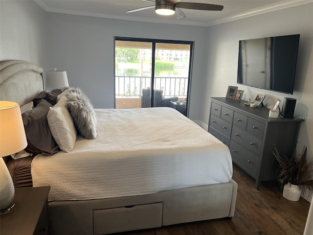 bedroom with dark wood finished floors, access to outside, crown molding, and ceiling fan