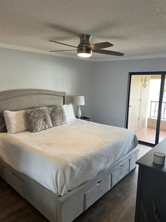 bedroom featuring access to outside, a textured ceiling, ornamental molding, and a ceiling fan