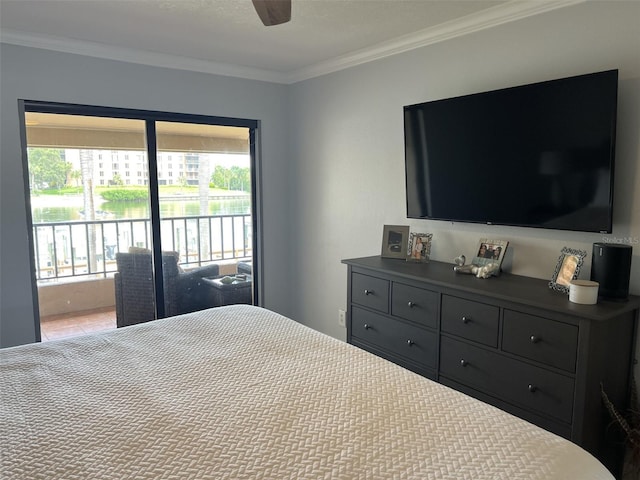 bedroom with access to outside, crown molding, and ceiling fan