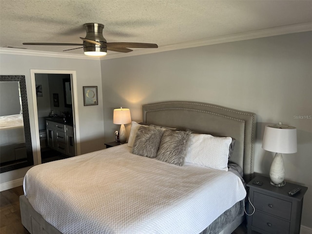 bedroom featuring ornamental molding, dark wood finished floors, a textured ceiling, and ceiling fan