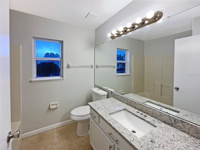 bathroom featuring baseboards, visible vents, toilet, tile patterned flooring, and vanity