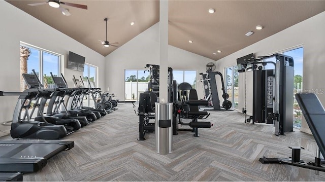 exercise room with plenty of natural light, high vaulted ceiling, ceiling fan, and light colored carpet