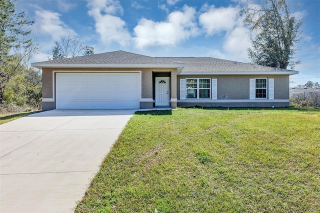 ranch-style house with a garage, a shingled roof, driveway, stucco siding, and a front yard