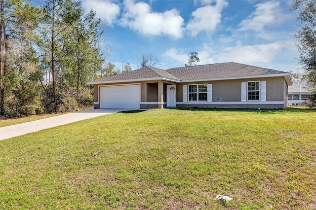 ranch-style home featuring a garage, concrete driveway, a front lawn, and stucco siding