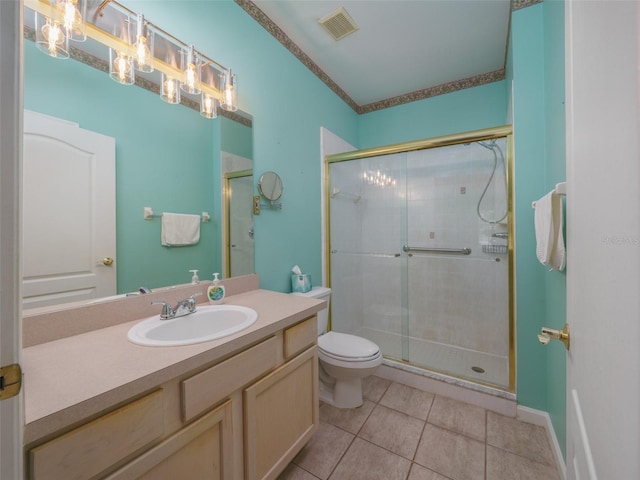 full bath with toilet, a shower stall, visible vents, and tile patterned floors