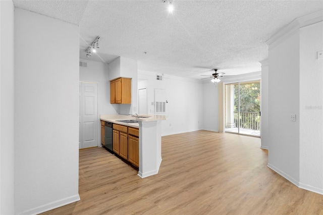 13037 Mulberry Park Dr Unit 529, Orlando, FL 32821 - kitchen with a ceiling fan, a textured ceiling, light countertops, rail lighting, and light wood-type flooring