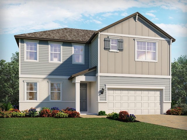 view of front of home with a garage, a shingled roof, decorative driveway, board and batten siding, and a front yard