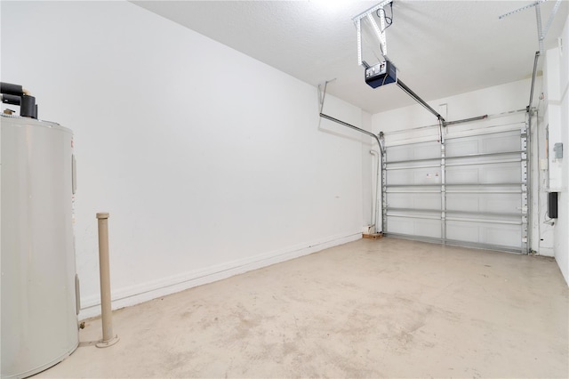 garage featuring a garage door opener, electric water heater, and baseboards