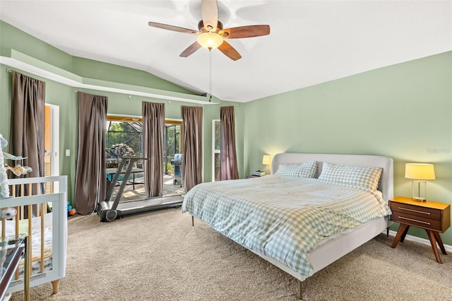 bedroom featuring vaulted ceiling, ceiling fan, carpet flooring, and baseboards