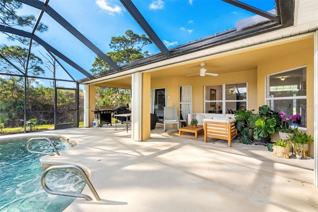 view of patio / terrace featuring an outdoor pool, glass enclosure, an outdoor living space, and a ceiling fan