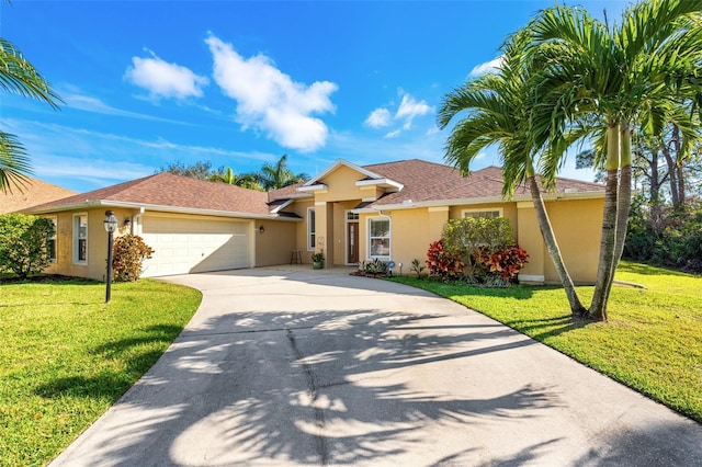 single story home with a garage, a front lawn, concrete driveway, and stucco siding