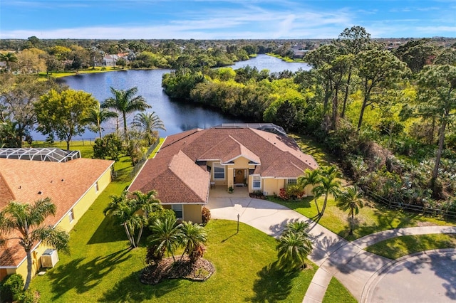 aerial view featuring a water view