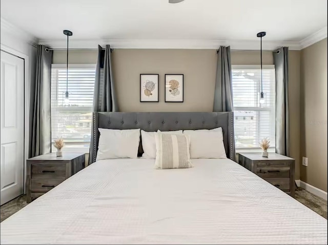 bedroom featuring ornamental molding and baseboards