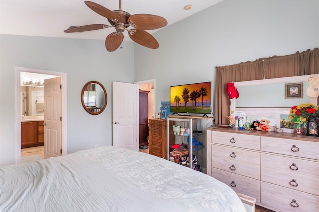 bedroom featuring a ceiling fan, high vaulted ceiling, and ensuite bath