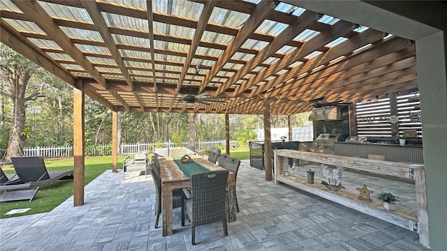 view of patio / terrace featuring a fenced backyard, an outdoor kitchen, a pergola, and outdoor dining space