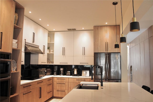 kitchen with stainless steel fridge with ice dispenser, modern cabinets, decorative light fixtures, white cabinetry, and open shelves