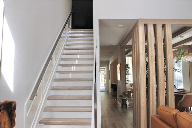 stairs with a wealth of natural light and wood finished floors