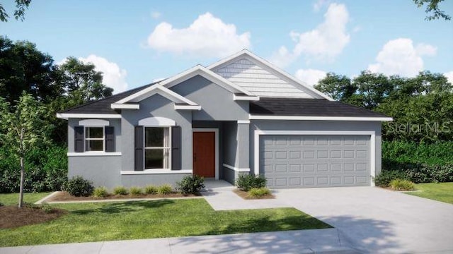 view of front of property with an attached garage, a front yard, concrete driveway, and stucco siding