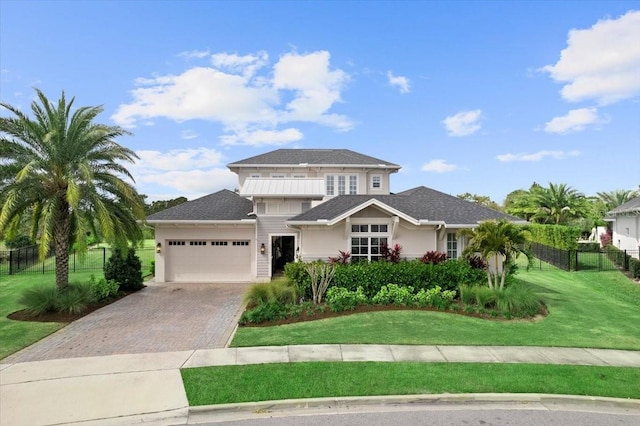 view of front of home with a garage, fence, a front lawn, and decorative driveway