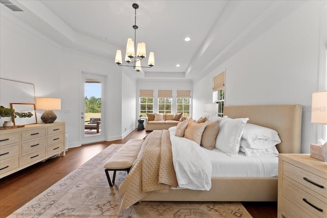 bedroom with recessed lighting, visible vents, access to outside, dark wood-style floors, and a raised ceiling