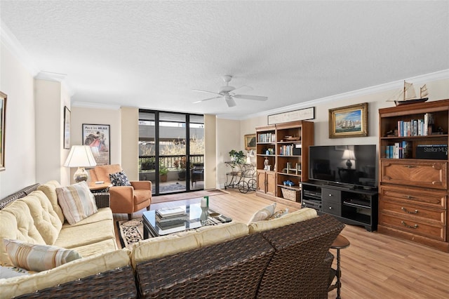 living room featuring expansive windows, ornamental molding, a textured ceiling, and light wood-style floors