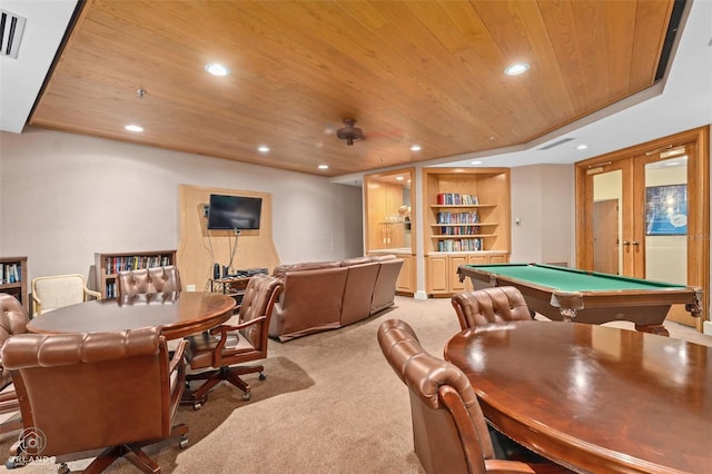 playroom featuring light carpet, built in features, wood ceiling, french doors, and recessed lighting