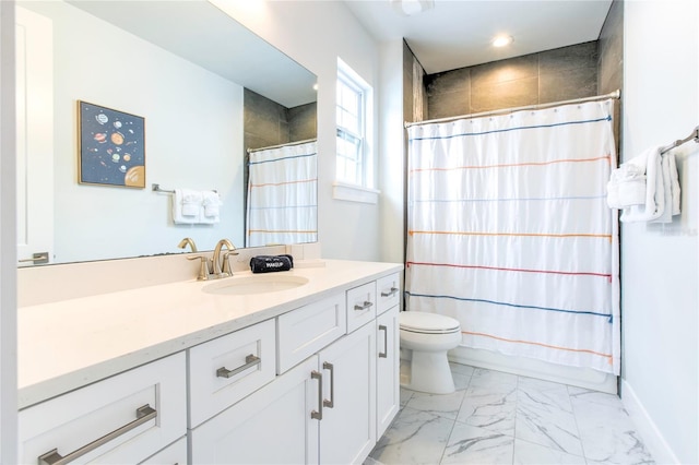 full bath with toilet, vanity, baseboards, marble finish floor, and shower / bathtub combination with curtain