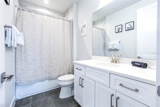 full bath with shower / tub combo, tile patterned flooring, vanity, and toilet