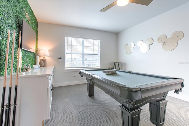 game room with pool table, carpet, a ceiling fan, and baseboards