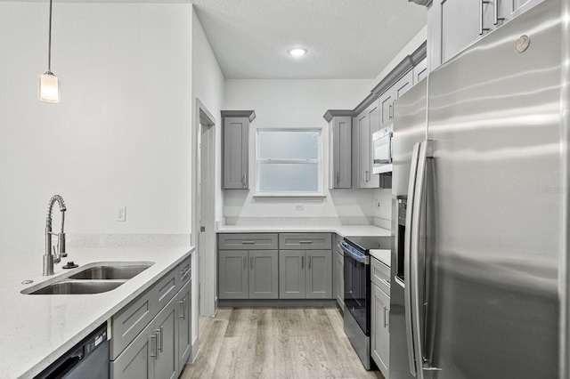 kitchen with appliances with stainless steel finishes, gray cabinets, a sink, and light wood-style flooring