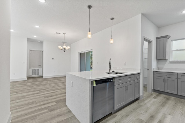 kitchen featuring a sink, dishwasher, visible vents, and gray cabinetry