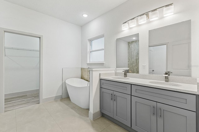 bathroom with a walk in closet, a freestanding tub, a sink, and double vanity