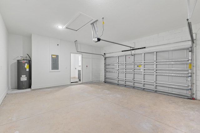 garage featuring electric panel, water heater, and a garage door opener