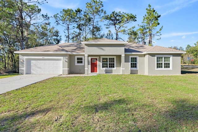 single story home featuring a garage, a front yard, concrete driveway, and stucco siding