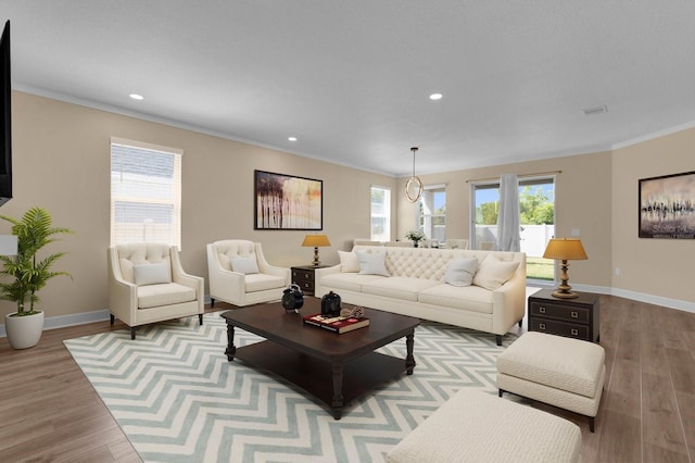 living area with wood finished floors, a wealth of natural light, and crown molding