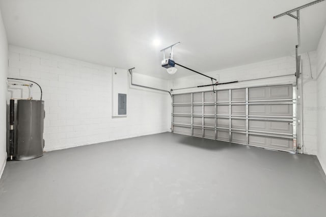 garage with electric panel, concrete block wall, water heater, and a garage door opener